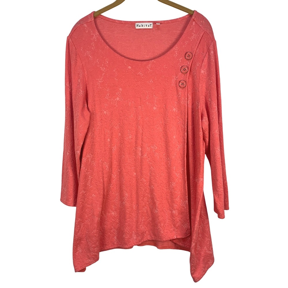Habitat Tunic Top Button Accent Long Sleeve Textured Coral Pink Lagenlook Medium